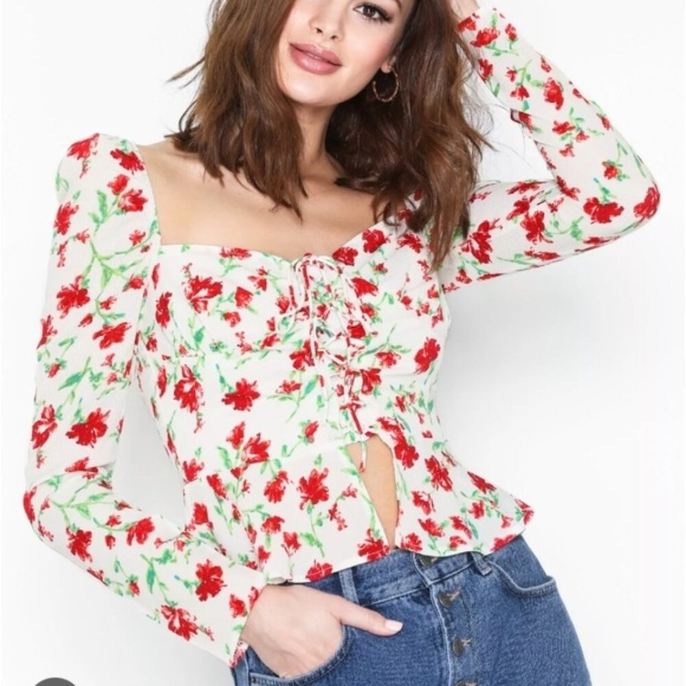 Misguided Square Neck Floral Lace Up Long Sleeve Blouse Top